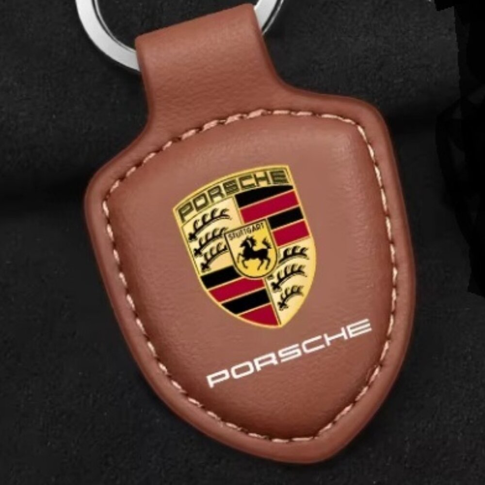 Porsche Brown STUTTGART HOTROD Suede Blue Leather Crest KeyRing Ke… - Picture 1 of 4